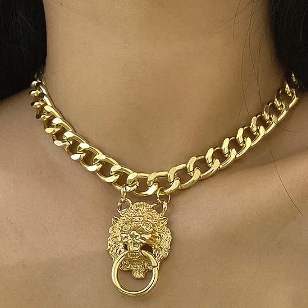 Exaggerated Gold Lion Chain Link Choker Necklace